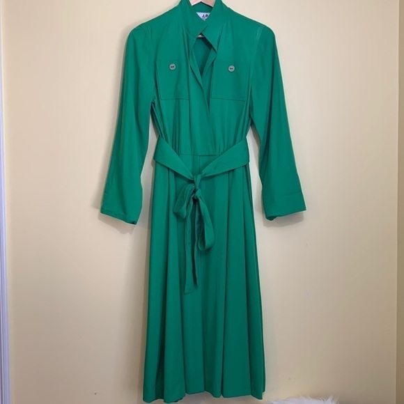 Caron || 80’s Kelly Green Long Sleeve Faux Wrap Belted Shirt Pocket Dress M - Picture 1 of 16